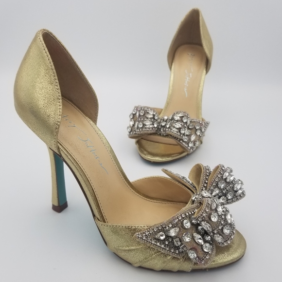 Betsey Johnson Shoes - Betsey Johnson Something Blue LANDN Open-Toe Heels with Rhinestone Bows, Gold, 6